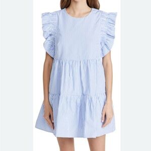 NWOT English Factory Size XS Blue White Striped Ruffle Sleeve Dress Short